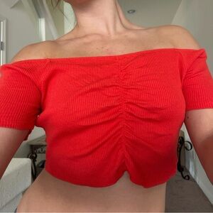 Coral / Red Off-Shoulder Ruched Top